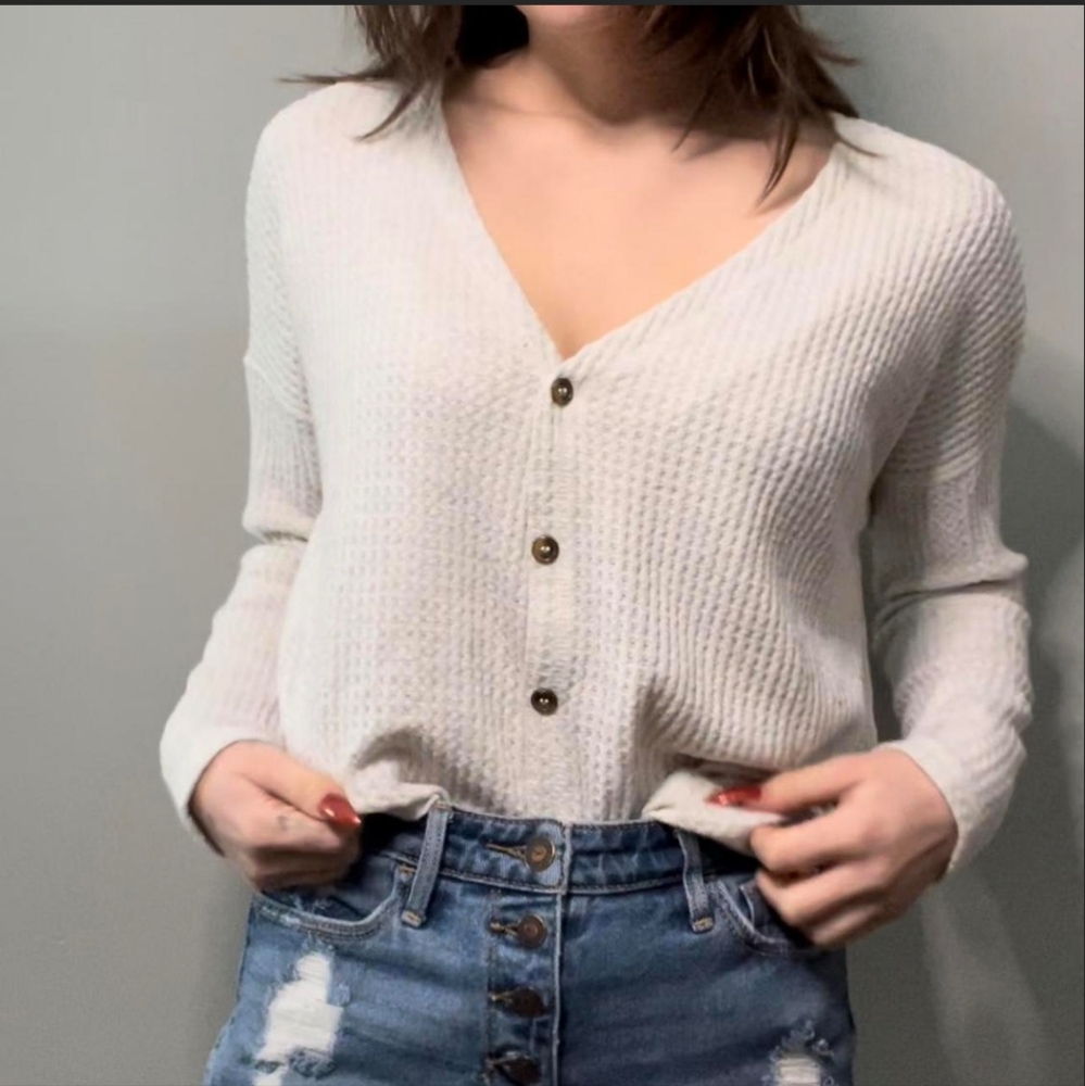 American Eagle Waffle Knit Long Sleeve Button Top Women's Size XXL Beige Tan
